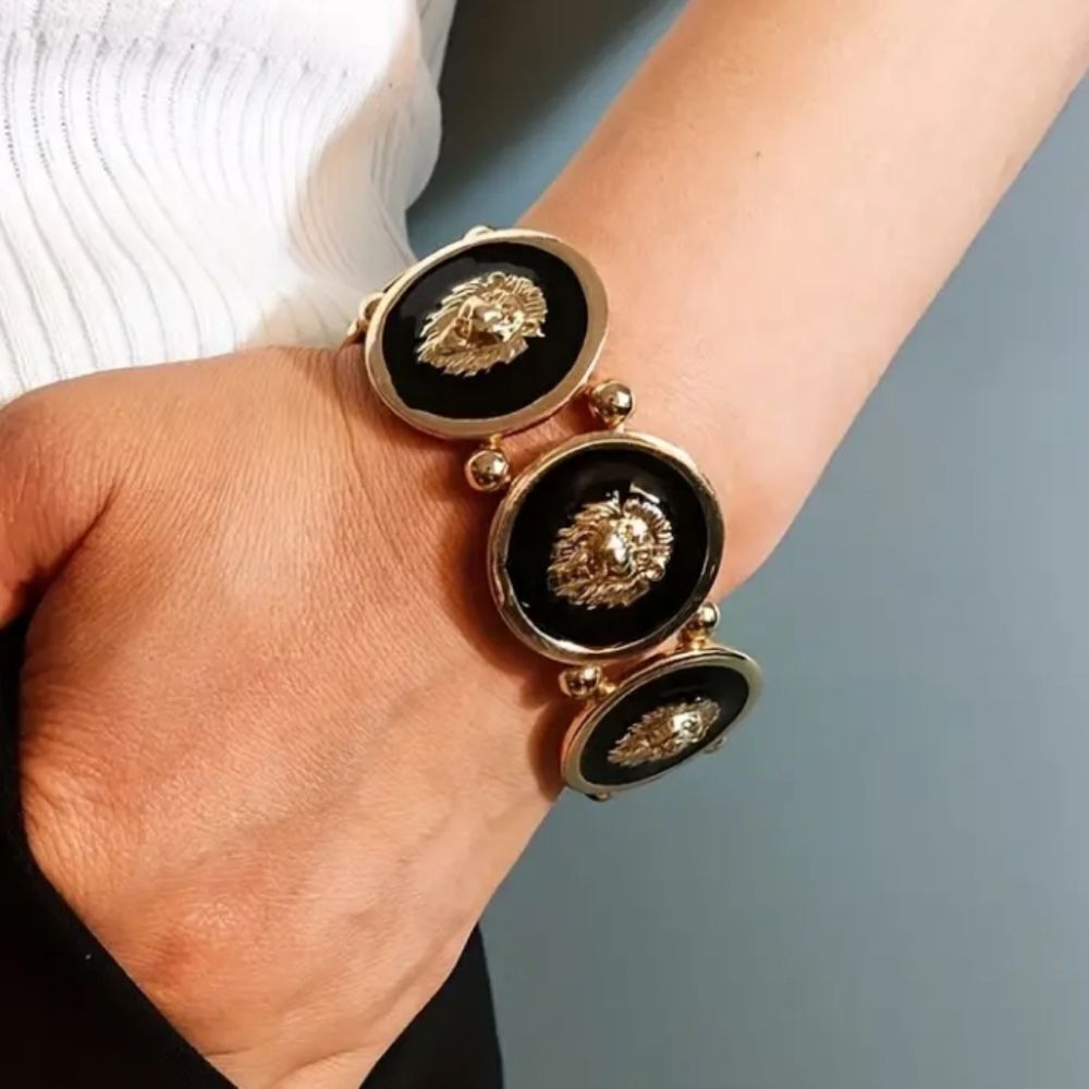 Designer Inspired Black & Gold Lion Bracelet
